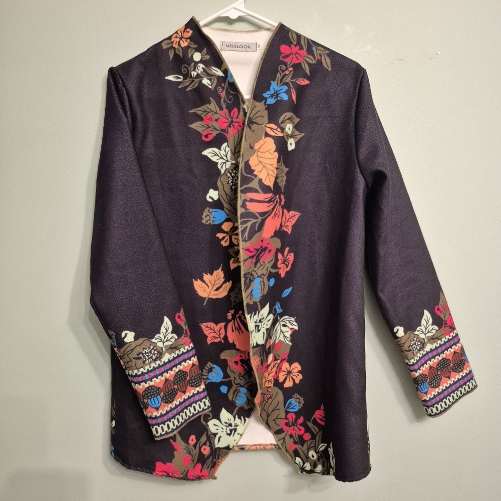 Miss Look Women's Black Boho Botanical Harvest Cardigan Size Medium - Picture 2 of 5